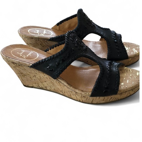 Jack Rogers Black Leather Whipstitch Cork Wedge Sandals Gold Fleck 7.5M - Picture 2 of 7
